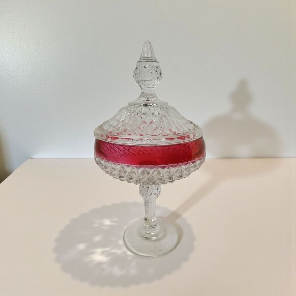 Vintage Diamond Point Ruby Flash Banded Compote Indiana Glass From 1965-1980. - Picture 4 of 10